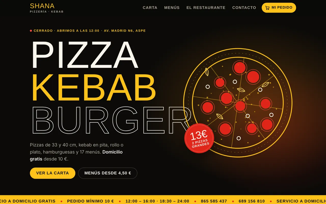 Web real de Shana Pizzería Kebab hecha por Encargo